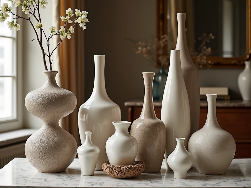 Curated decorative accessories including vases, sculptures, and art pieces