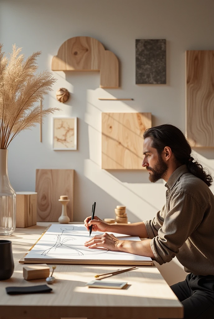Custom furniture design process showing sketches, materials, and finished pieces