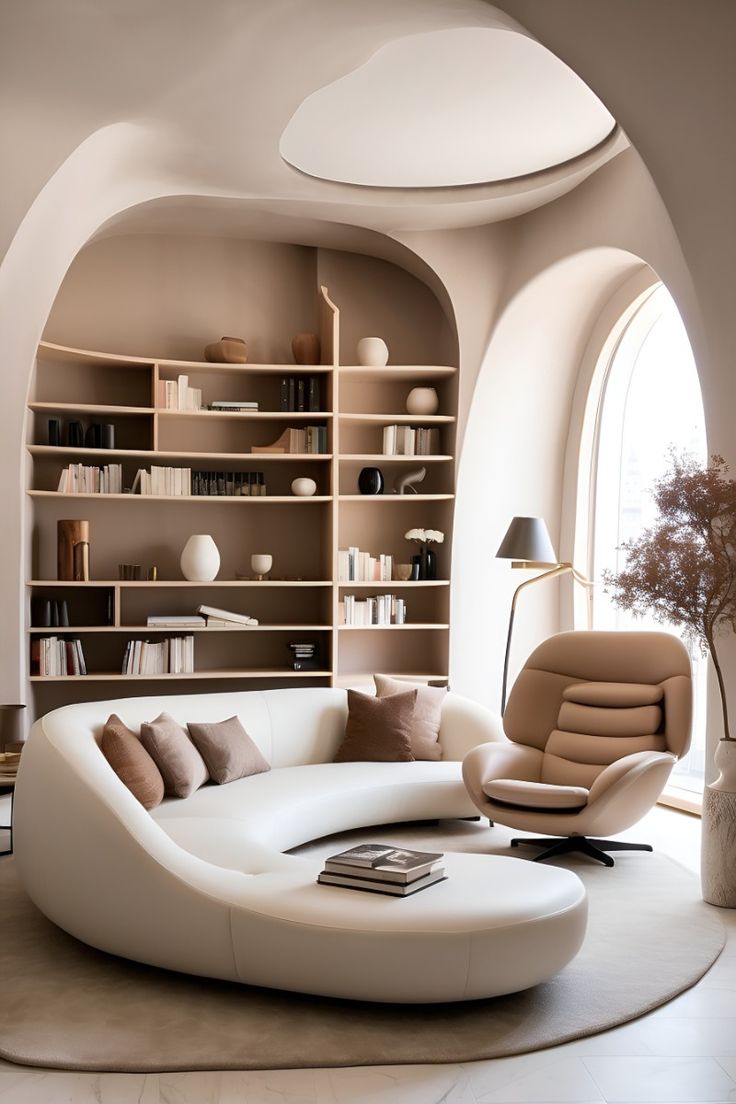 Modern minimalist interior with clean lines, neutral colors, and functional furniture