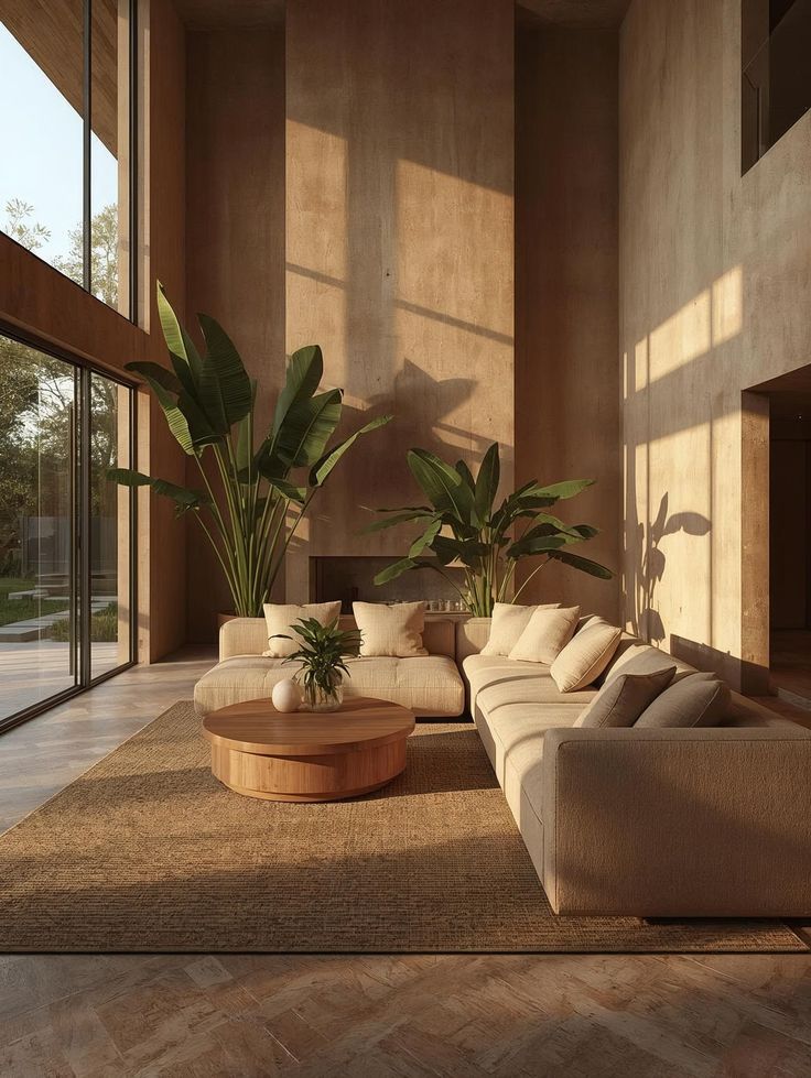 Organic modern interior with natural materials, plants, and earthy tones