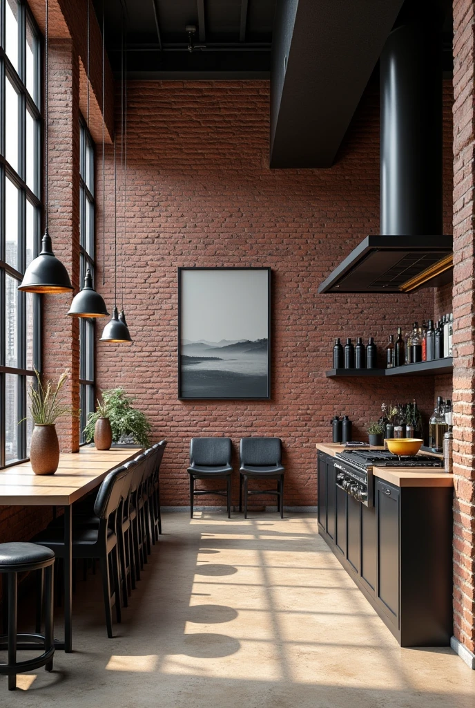 Industrial chic interior with exposed brick, metal fixtures, and urban aesthetic