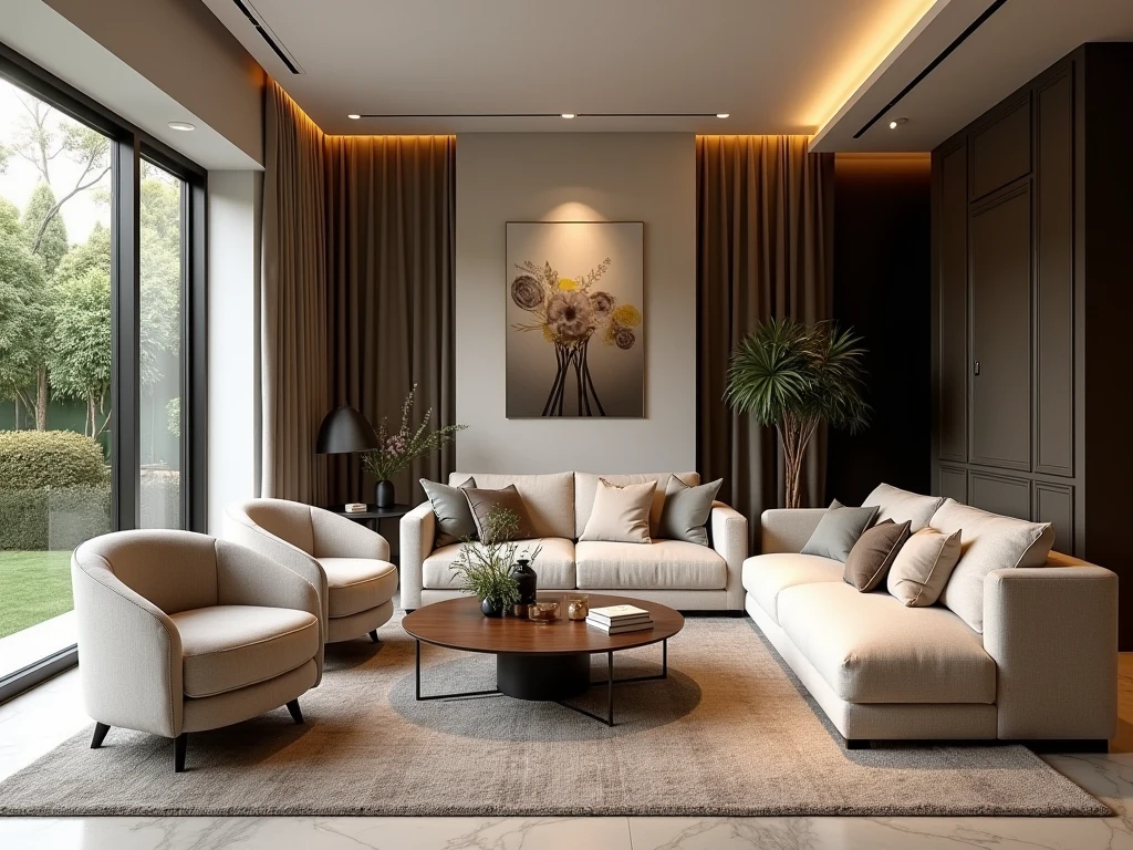 Elegant residential interior with custom furniture and sophisticated color palette