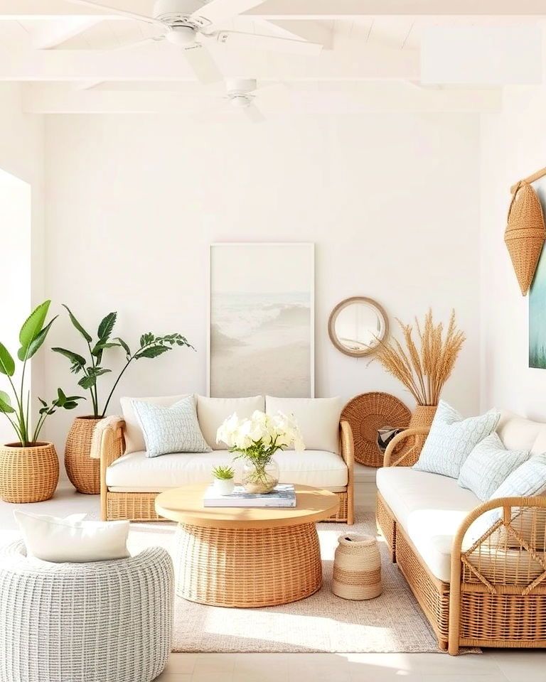 Coastal serene interior with light colors, natural textures, and relaxed atmosphere