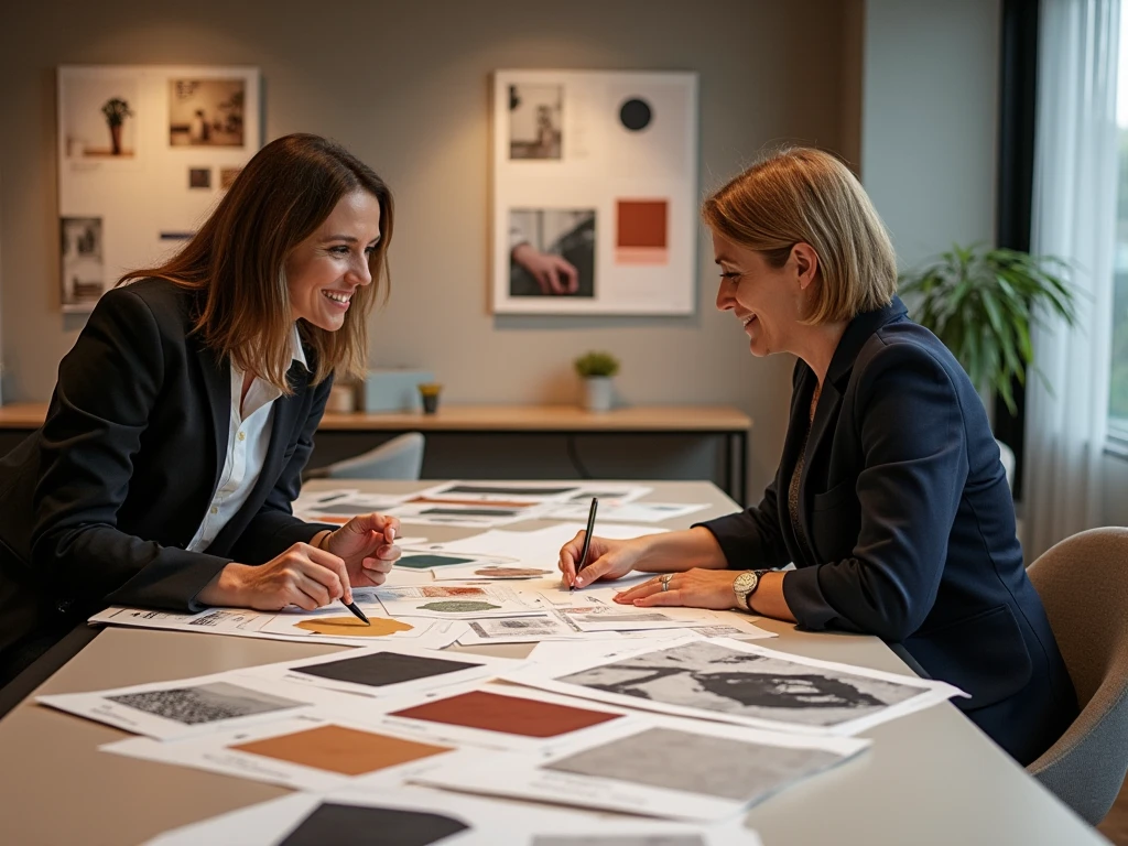 Interior design consultation and planning process with mood boards and material samples