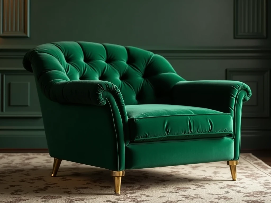 Luxurious velvet lounge chair in deep emerald green with brass legs