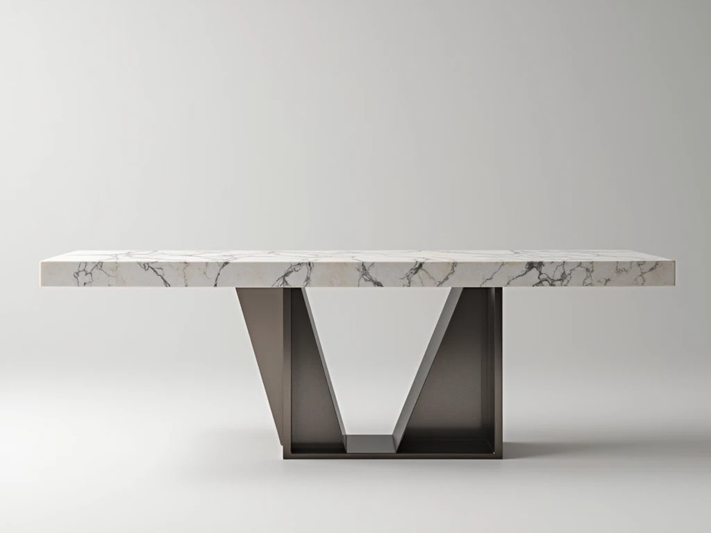 Contemporary marble console table with geometric metal base and natural stone top